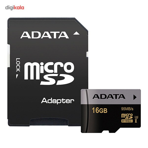 کارت حافظه‌ microSDHC ای دیتا مدل Premier Pro کلاس 10 استاندارد UHS-I U3 سرعت 95MBps به همراه آداپتور SD ظرفیت 16 گیگابایت