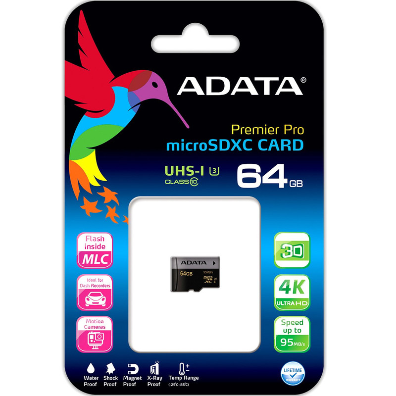 تصویر کارت حافظه‌ microSDXC ای دیتا مدل Premier Pro کلاس 10 استاندارد UHS-I U3 سرعت 95MBps ظرفیت 64 گیگابایت