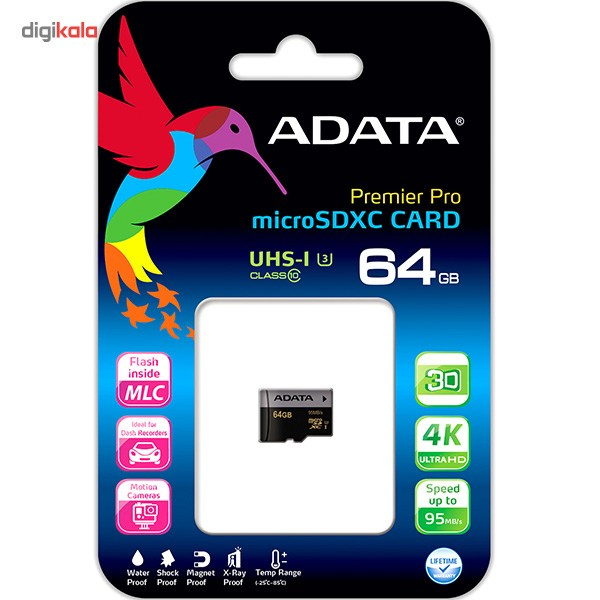 کارت حافظه‌ microSDXC ای دیتا مدل Premier Pro کلاس 10 استاندارد UHS-I U3 سرعت 95MBps ظرفیت 64 گیگابایت