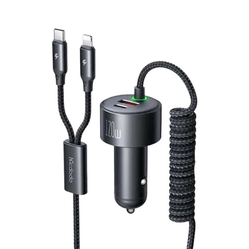 شارژر فندکی120 وات  مک دودو مدل cc-0370 به همراه کابل USB-C/لایتنینگ 