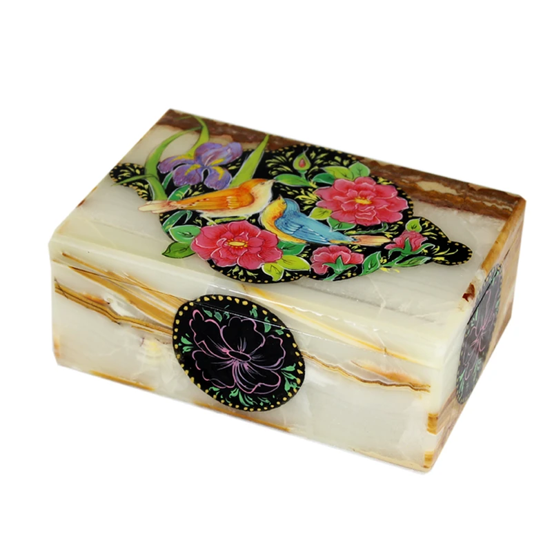 جعبه سنگ مرمر اثر بابائی با نگارگری گل و مرغ سایز 10x15 سانتی کد 15