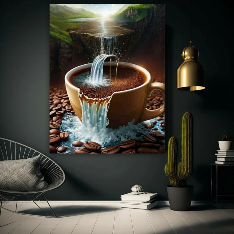پوستر طرح مخمل فنجان قهوه مدل طبیعت و آبشار کد BK23579