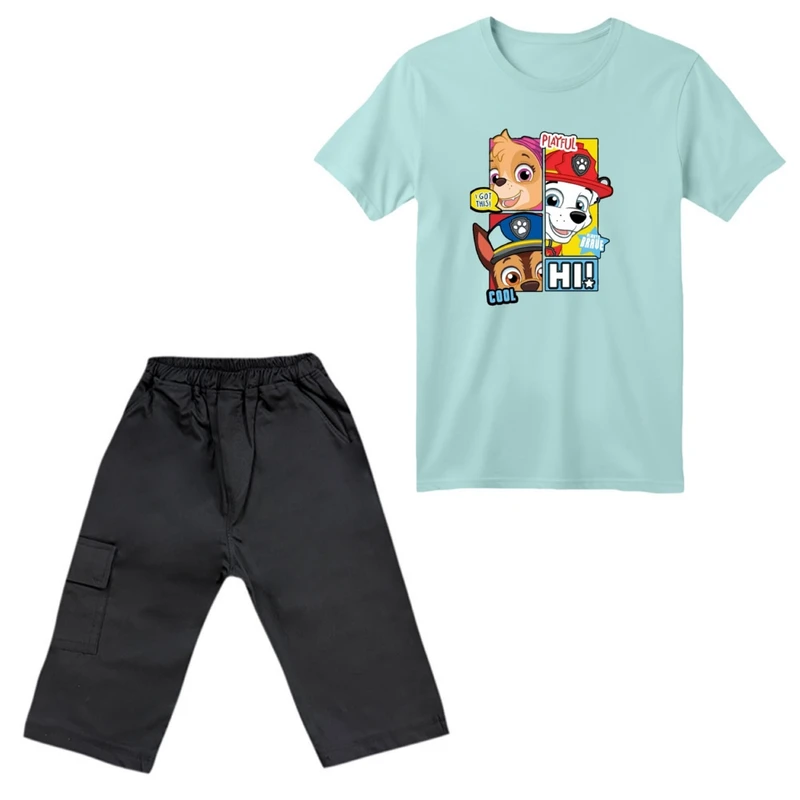 ست تی‌شرت آستین کوتاه و شلوارک پسرانه مدل سگ های نگهبان کد 01 رنگ آبی روشن