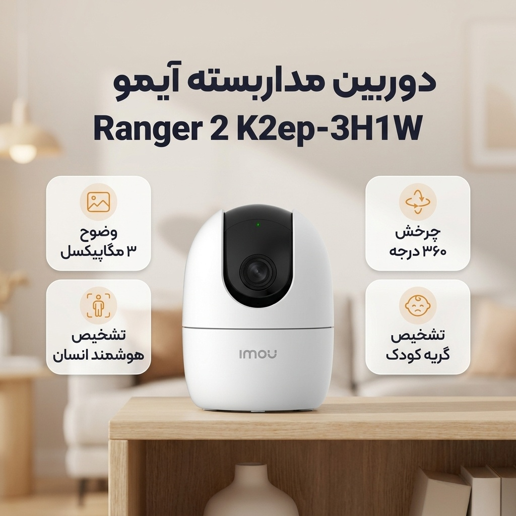 دوربین مداربسته تحت شبکه آیمو مدل Ranger 2 K2ep-3H1W بی‌سیم و باسیم، 3 مگاپیکسل، تشخیص چهره و حرکت، صدای دوطرفه، دید در شب، ارسال هشدار هوشمند و قابلیت تشخیص گریه کودک، نصب سقفی و رومیزی