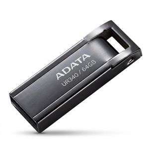 فلش مموری ای دیتا مدل UR340 ظرفیت 64 گیگابایت با بدنه فلزی، رابط USB 3.2 Gen1 Type-A، سرعت انتقال 100 مگابایت بر ثانیه و پشتیبانی از سیستم‌عامل‌های ویندوز، مک و لینوکس
