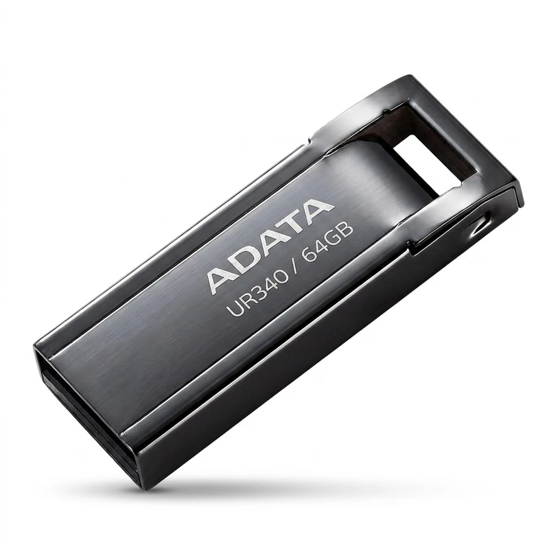 فلش مموری ای دیتا مدل ur340 ظرفیت 64 گیگابایت با بدنه فلزی، رابط usb 3.2 gen1 type-a، سرعت انتقال 100 مگابایت بر ثانیه و پشتیبانی از سیستم عامل های ویندوز، مک و لینوکس