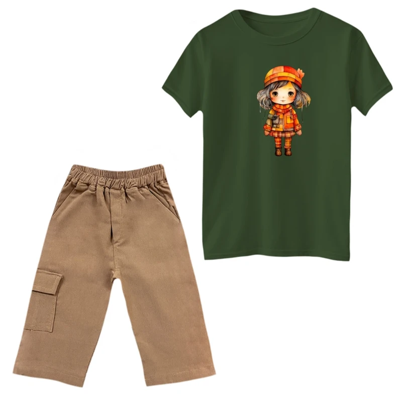 ست تی‌شرت و شلوارک دخترانه مدل دختر پاییز رنگ یشمی