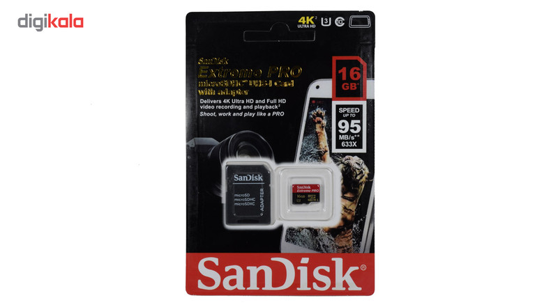 کارت حافظه Micro SDXC سن دیسک مدل Extreme PRO کلاس 3 استاندارد Extreme سرعت95Mb/s همراه آداپتور SD ظرفیت 16 گیگابایت