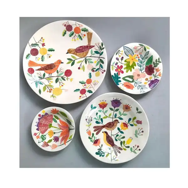 بشقاب دیوارکوب سفالی طرح گل و بلبل مجموعه 4 عددی