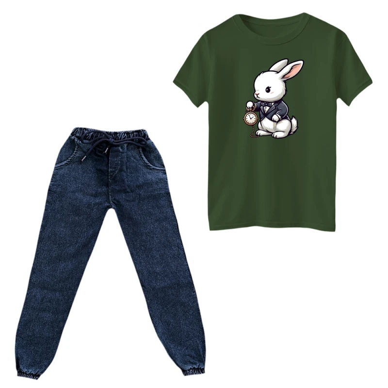 ست تی‌شرت و شلوار پسرانه مدل خرگوش و ساعت