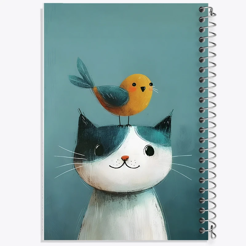دفتر ژورنال نویسی 50 برگ خندالو مدل نقطه ای طرح گربه و پرنده کیوت کد N3864
