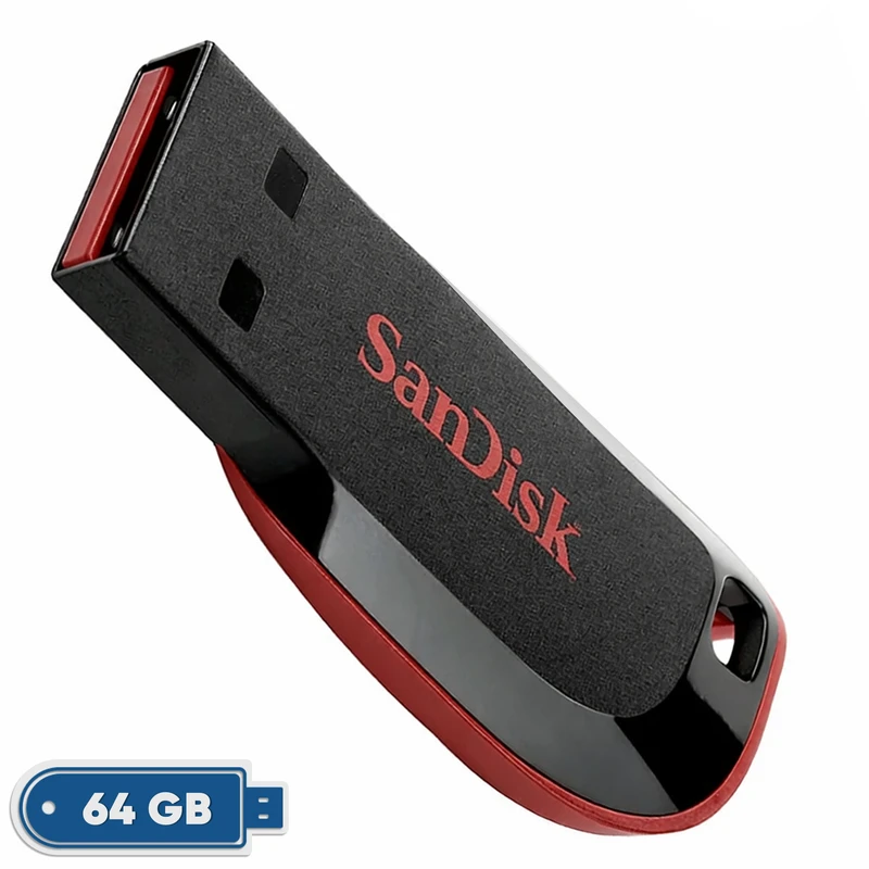 فلش مموری 64 گیگابایت سن دیسک مدل cruzer blade cz50 با رابط usb 2.0، بدنه مات مقاوم در برابر اثر انگشت، قابلیت رمزگذاری نرم افزاری و شیار اتصال بند