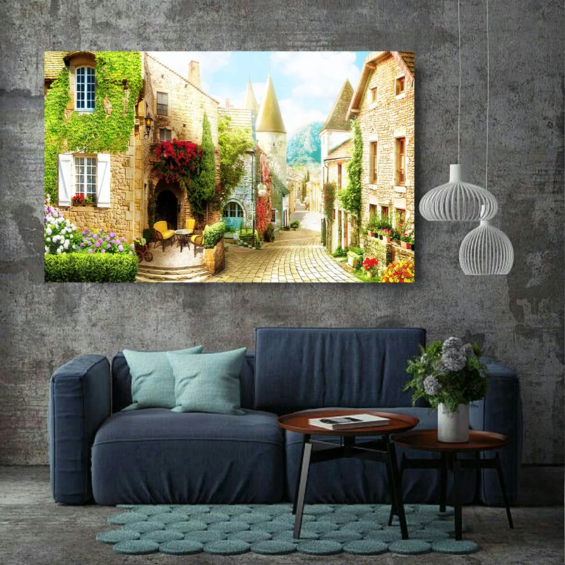 تابلو بوم طرح اروپایی قدیمی مدل خانه و منظره کد AR4610