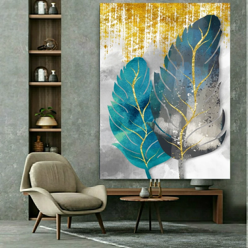 تابلو بوم طرح مدرن برگ طلایی و آبی فیروزه ای مدل SDB1829