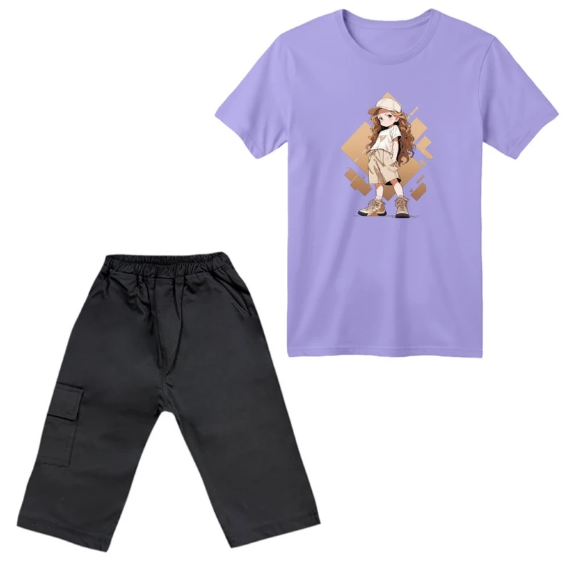 ست تی‌شرت آستین کوتاه و شلوارک دخترانه مدل دخترک اسپرت