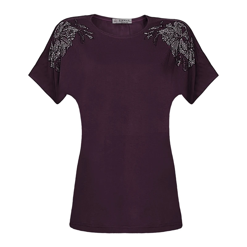 بلوز آستین کوتاه یقه گرد زنانه مدل A658 رنگ بادمجانی