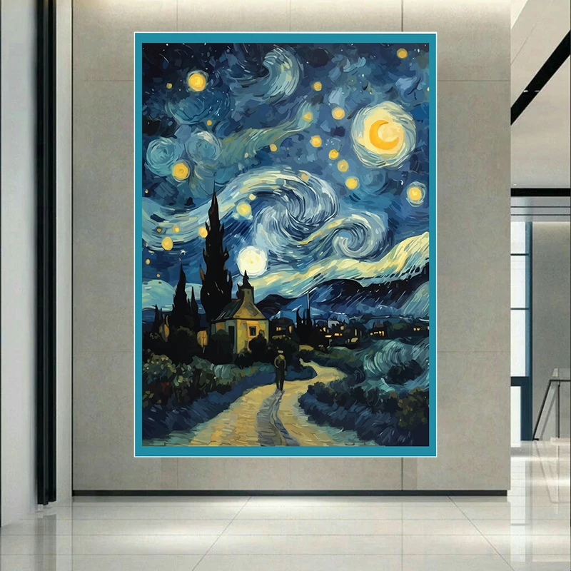 تابلو بوم طرح مخمل نقاشی مدل شب پرستاره ونگوگ کد AR305575
