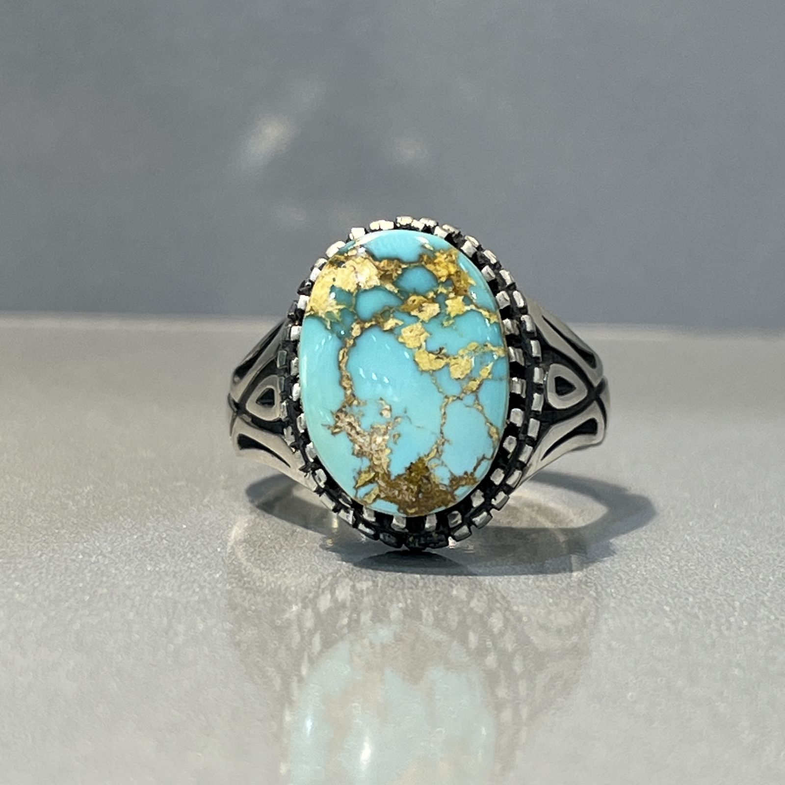 انگشتر نقره مردانه مدل هزار چنگ دستساز فیروزه نیشابوری کد 1 5-45 -  - 2