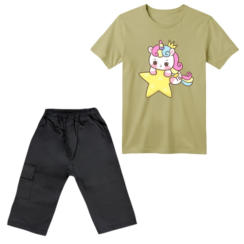 ست تی‌شرت آستین کوتاه و شلوارک دخترانه مدل یونیکورن کد ۱۰