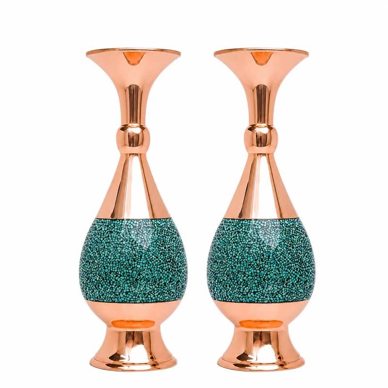 گلدان فیروزه کوبی مسی آقاجانی کدF011 مجموعه 2عددی