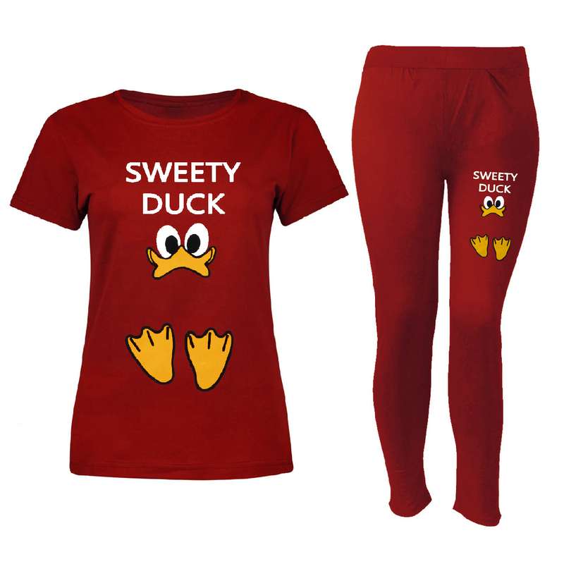 ست تی شرت و شلوار زنانه مدل Duck رنگ زرشکی