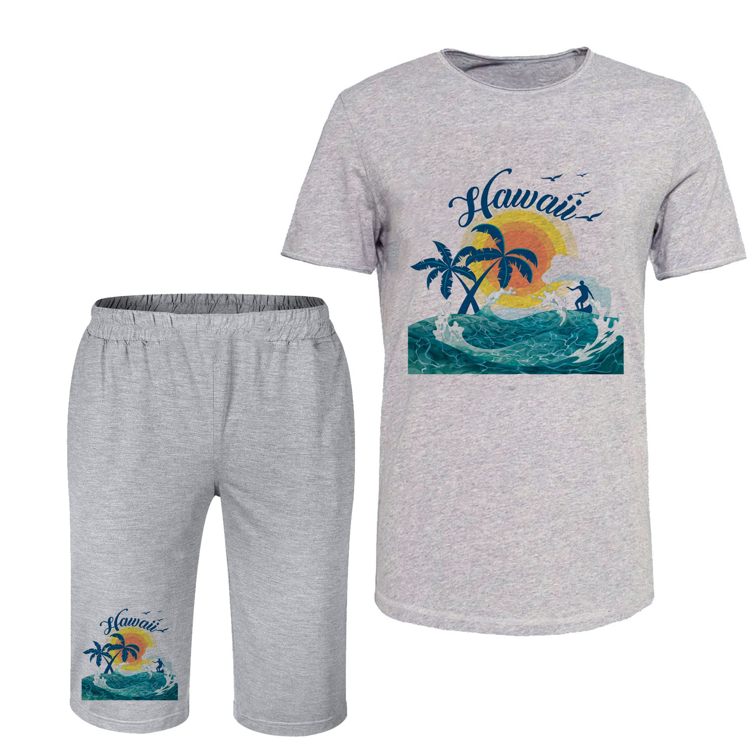 ست تی شرت آستین کوتاه و شلوارک مردانه مدل هاوایی کد C58 رنگ طوسی