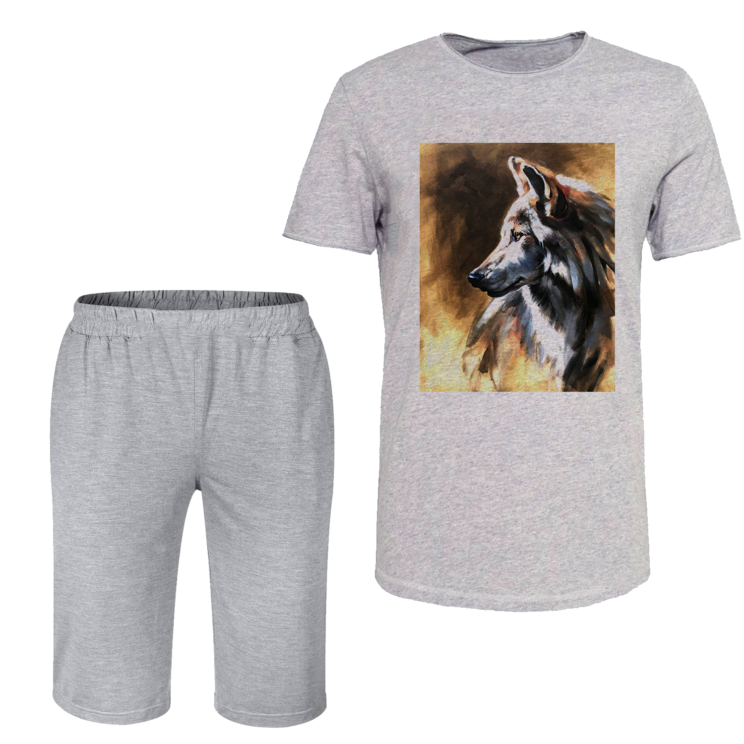ست تی شرت آستین کوتاه و شلوارک مردانه مدل گرگ کد C33 رنگ طوسی