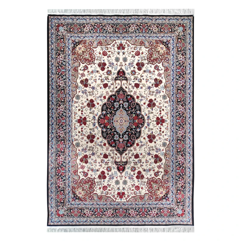 فرش ماشینی 700 شانه فرش توس مشهد زمینه کرم حاشیه سرمه ای مدل رزا