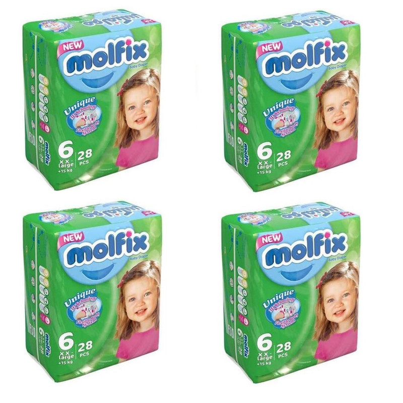 پوشک بچه مولفیکس مدل یونیک سایز 6 بسته 28 عددی مجموعه 4 عددی