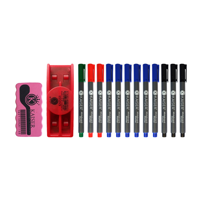 ماژیک وایت برد کایزر مدل قلمی طرح بدنه باریک به همراه تخته پاک کن بسته 14 عددی