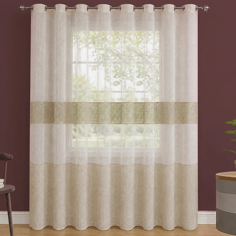 پرده پانچ تیکو دکو طرح کتان افکت دار مدل حاشیه گیپور سایز 280*300 سانتی متر