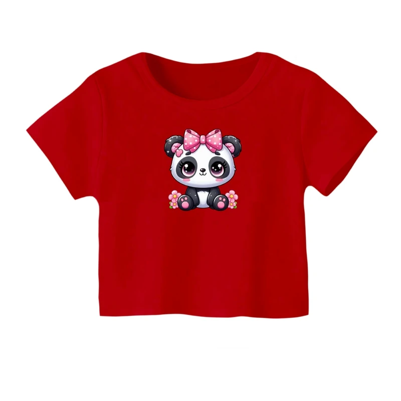 کراپ‌ تی‌شرت آستین کوتاه زنانه مدل پاندا  کد 01 رنگ قرمز