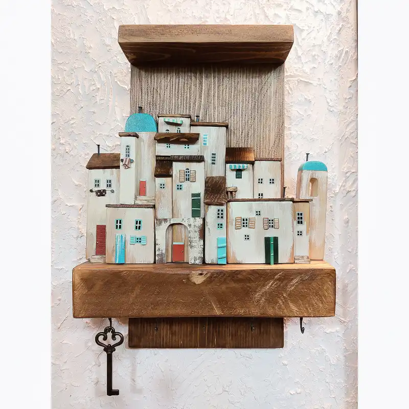 جاکلیدی دیواری چوبی مدل دهکده فانتزی کد 1130