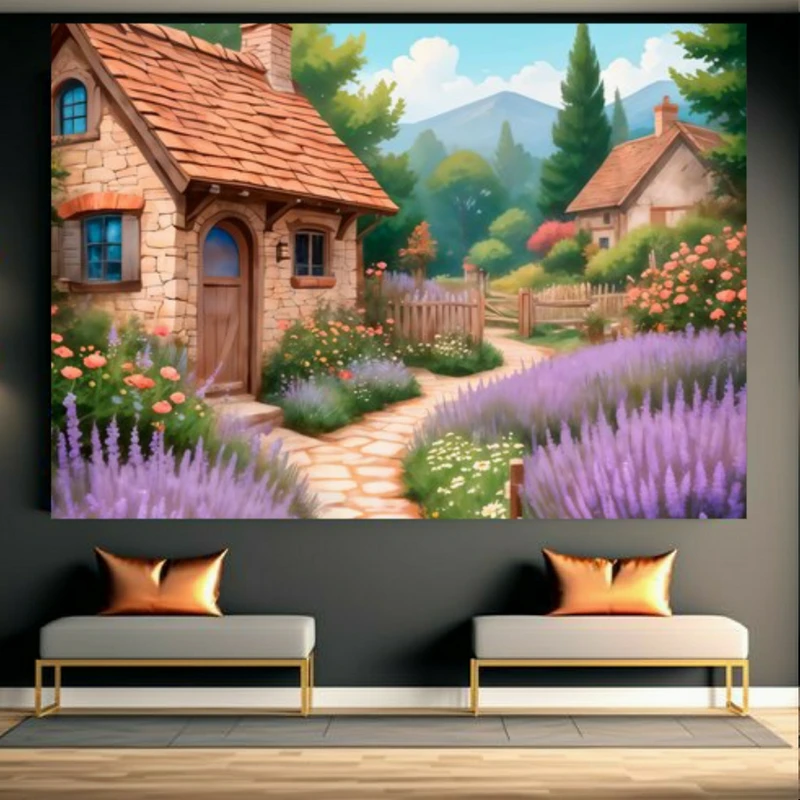 تابلو بوم طرح مخمل نقاشی خانه میان گل اسطوخودوس کد GR1105