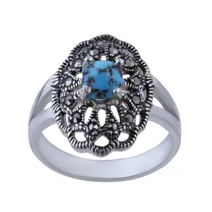 انگشتر نقره زنانه بازرگانی میلادی مدل فیروزه طبیعی نیشابور رکاب مارکازیت مدرن کد AW_0190