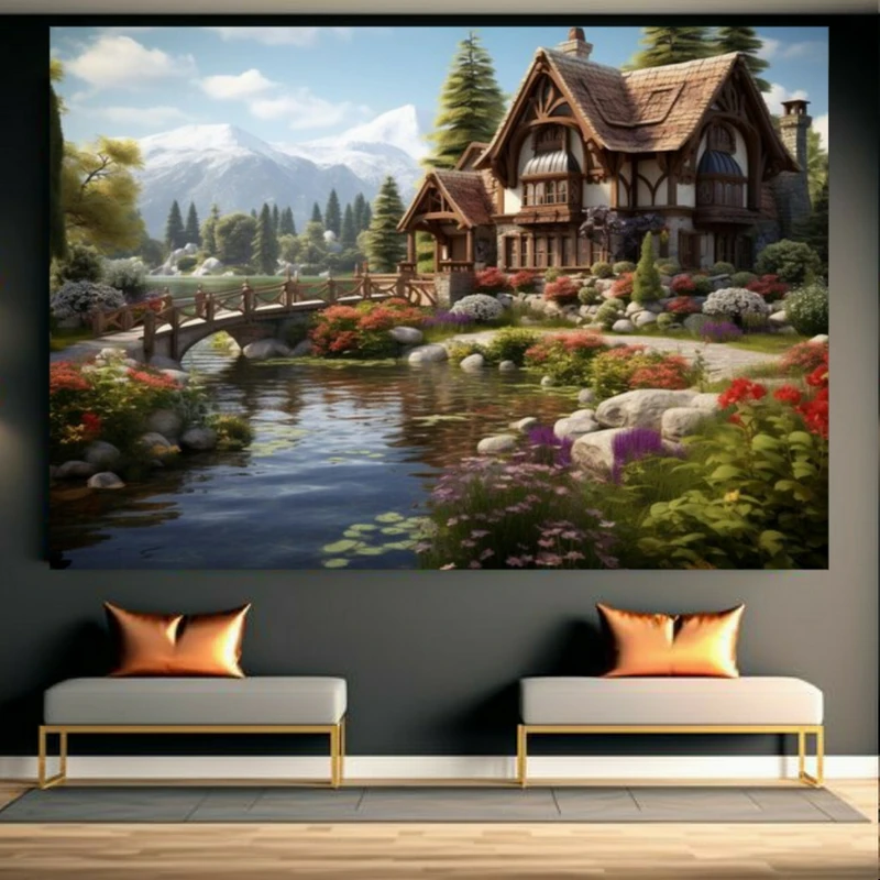 تابلو بوم طرح مخمل نقاشی خانه و رودخانه و پل کد GR1095
