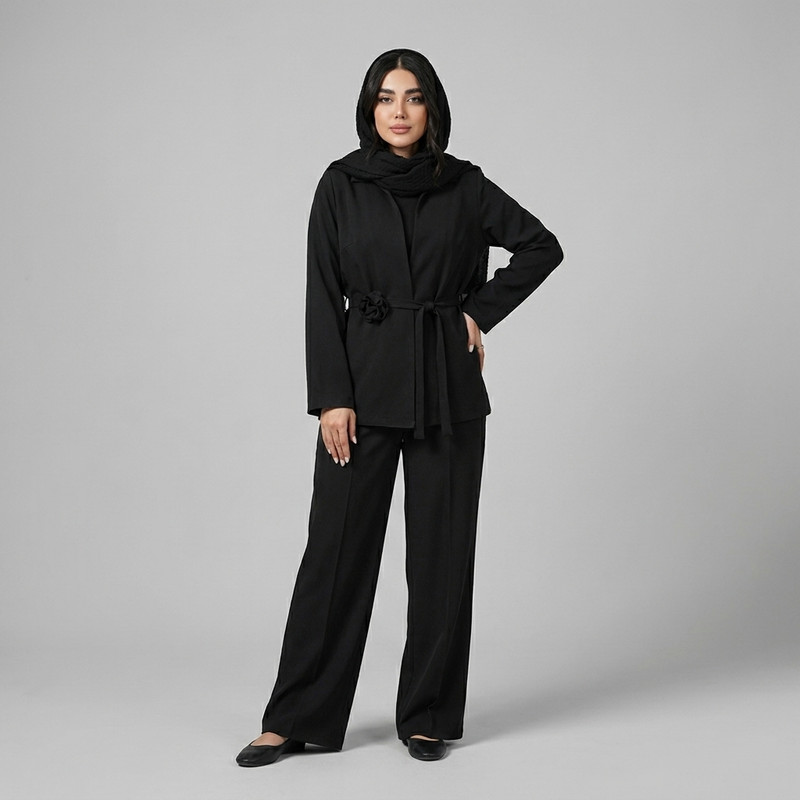مانتو و شلوار زنانه لینن آستین بلند با کمربند مدل گل برجسته