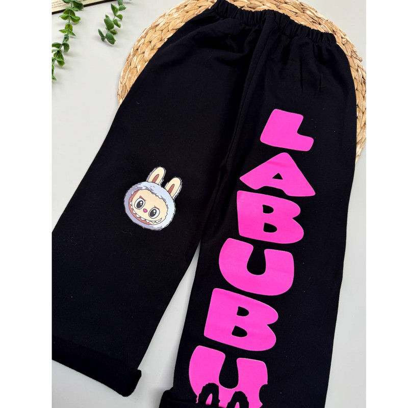 ست تی‌شرت آستین بلند و شلوار راحتی دخترانه مدل کراپ لبوبو کد LABUBU 8983