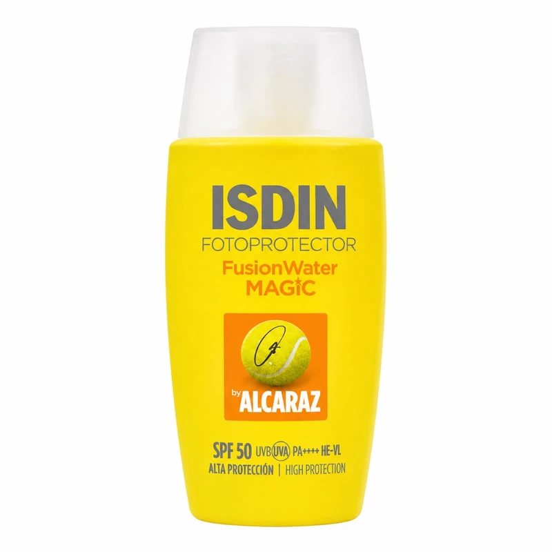 کرم ضد آفتاب بی رنگ صورت ایزدین SPF 50 مدل Fusion Water Magic Alcaraz ‌محافظ در برابر اشعه UVA و UVB مناسب برای انواع پوست حجم 50 میلی‌لیتر