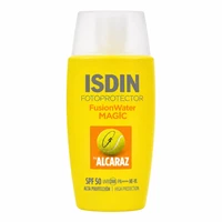 کرم ضد آفتاب بی رنگ صورت ایزدین SPF 50 مدل Fusion Water Magic Alcaraz محافظ در برابر اشعه UVA و UVB مناسب برای انواع پوست حجم 50 میلیلیتر