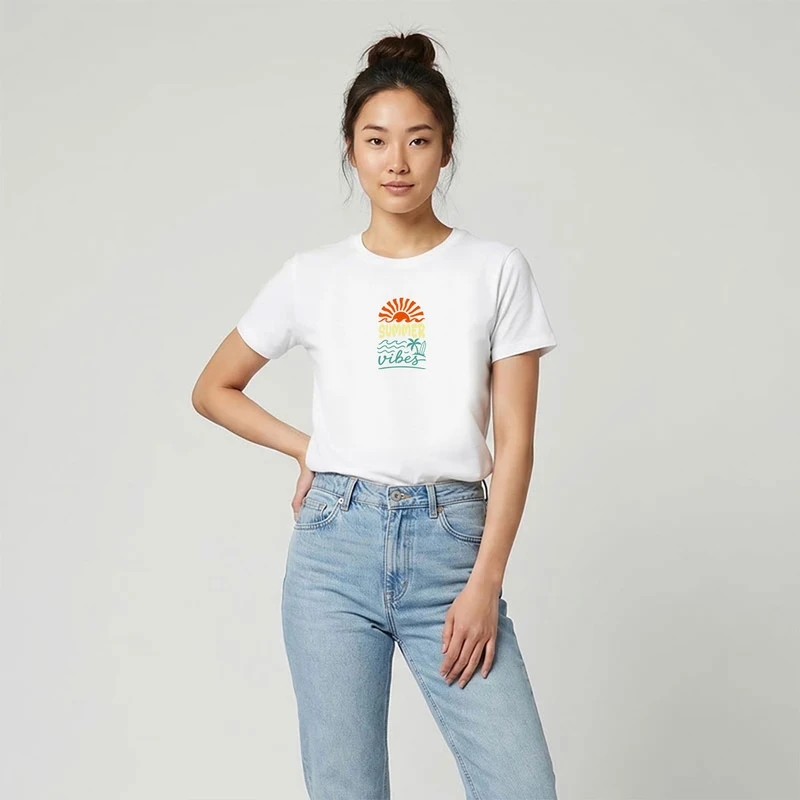 تی شرت آستین کوتاه زنانه تابستانی طرح Summer Vibe کد WH.1082