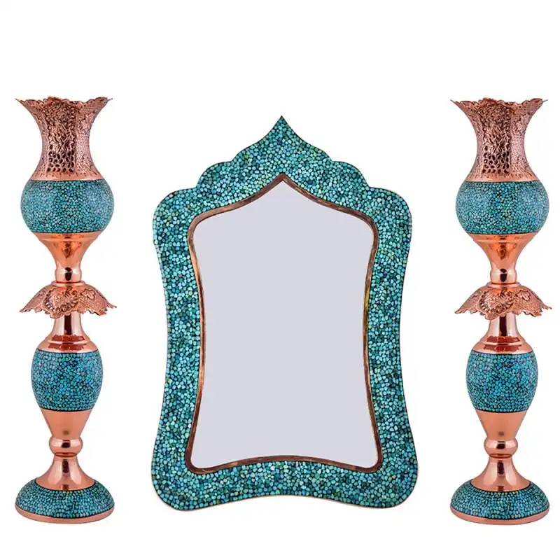 ست 3 تکه آینه و شمعدان فیروزه کوبی مدل F033-4 کد F024-2