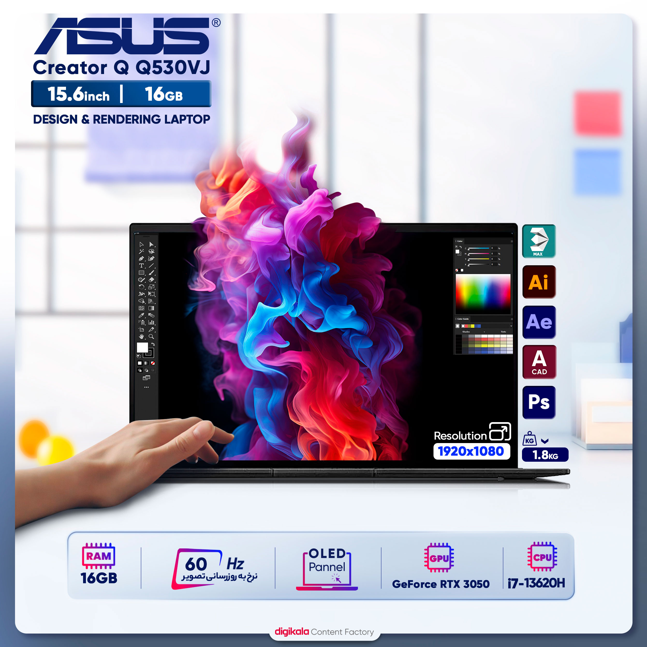 لپ تاپ 15.6 اینچی ایسوس مدل Creator Q Q530VJ-i7 13620H 16GB 512SSD RTX3050