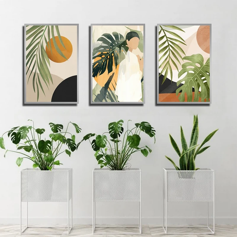 تابلو بکلیت طرح نقاشی مدرن و برگ انجیری مدل SI-3863 فریم نقره ای مجموعه 3 عددی