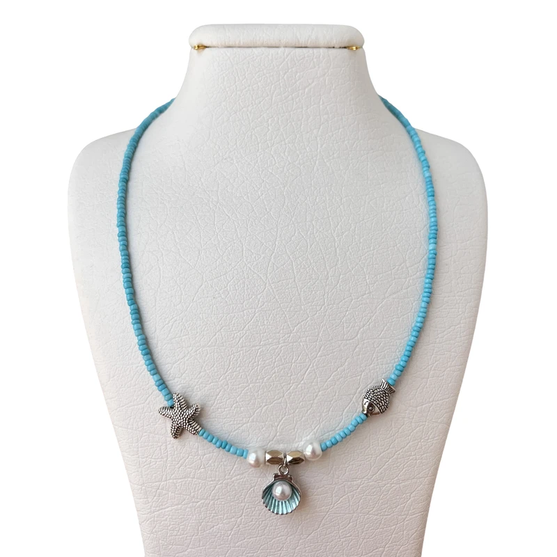 گردنبند دست ساز زنانه مدل منجوقی صدف و ماهی و ستاره دریایی