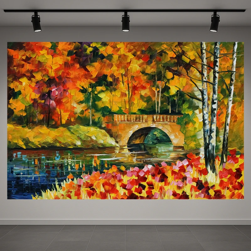 پوستر پارچه ای طرح مخمل نقاشی طبیعت پاییزی مدل پل و رودخانه کد AR3059464