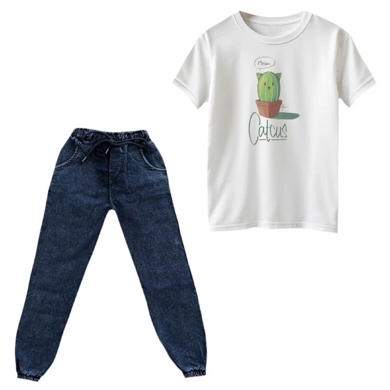 ست تی‌شرت و شلوار دخترانه مدل کاکتوس گربه ای