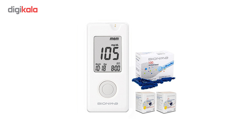 دستگاه تست قند خون بایونیم مدل GM110 به همراه دو بسته نوار تست و یک بسته سوزن
