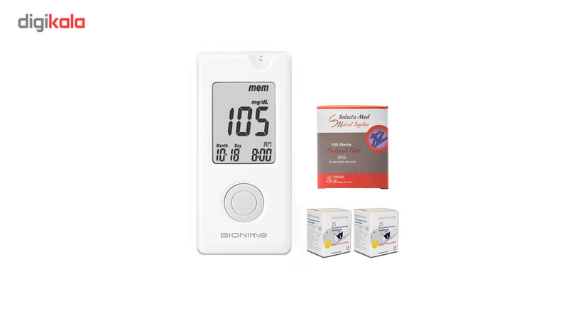 دستگاه تست قند خون بایونیم مدل GM110 به همراه دو بسته نوار تست و یک بسته سوزن