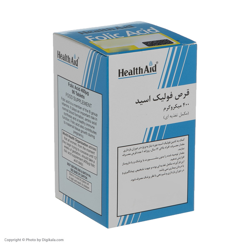 قرص فولیک اسید 400 میکروگرمی هلث اید بسته 90 عددی